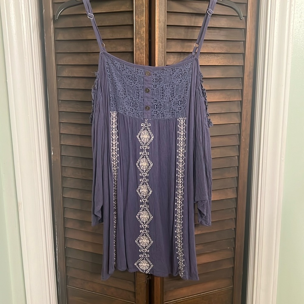 Navy printed off the shoulder top